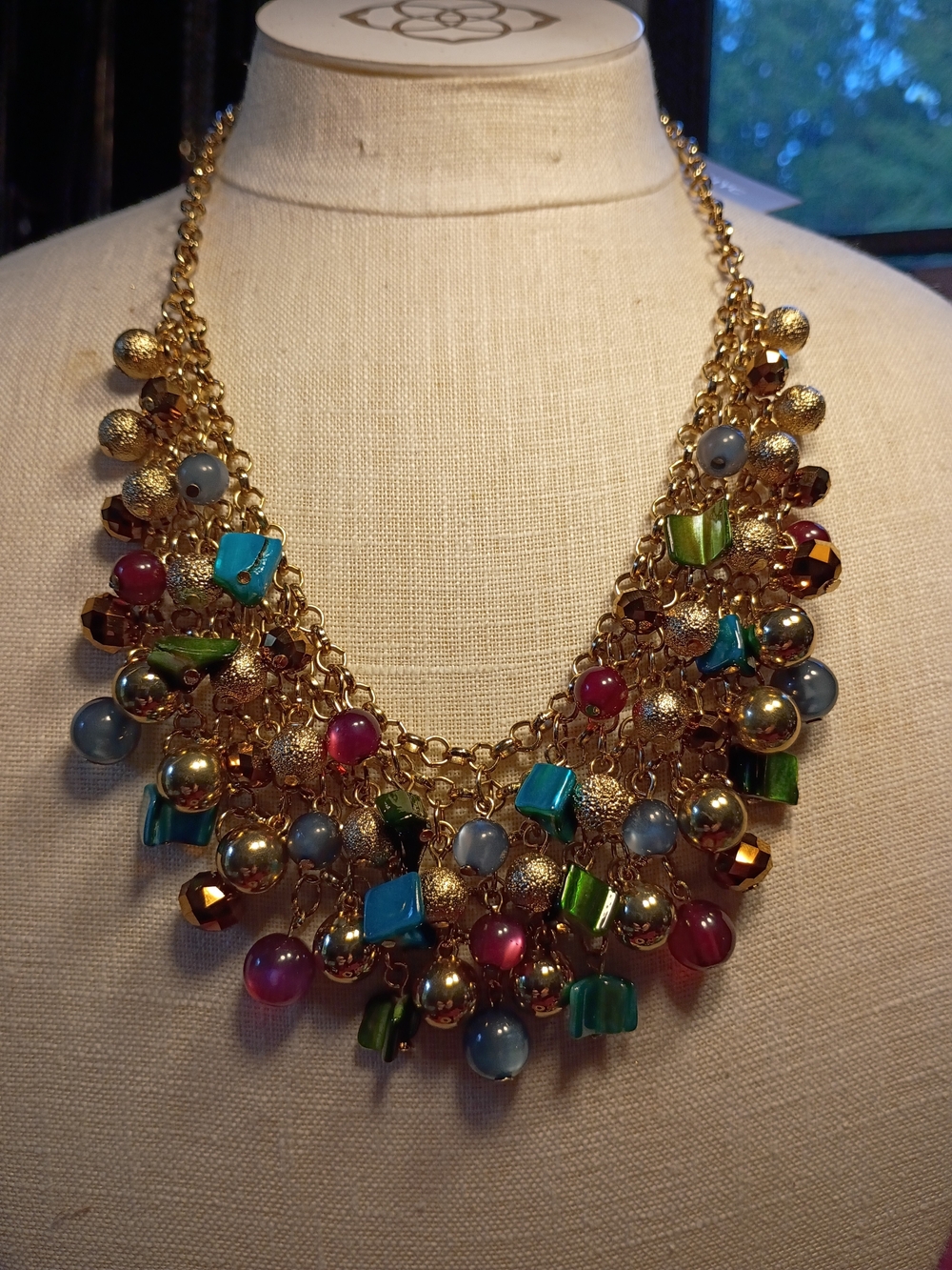 Gold Multi-Color Beaded Statement Necklace - Women Jewelry
